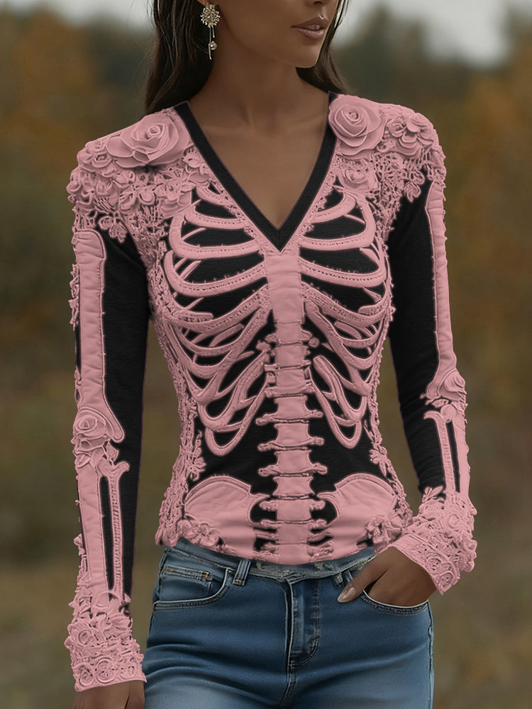 Women's Halloween Skeleton Bones With Roses Art Casual Long Sleeve V Neck T-shirt