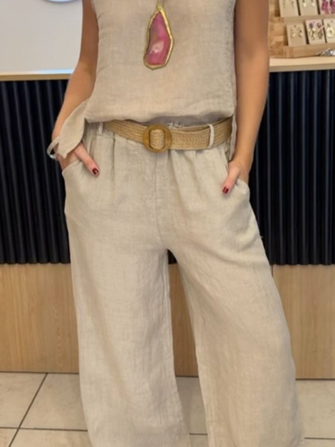 Women's Casual Solid Color Round Neck Vest Trousers Cotton and Linen Two-piece Set