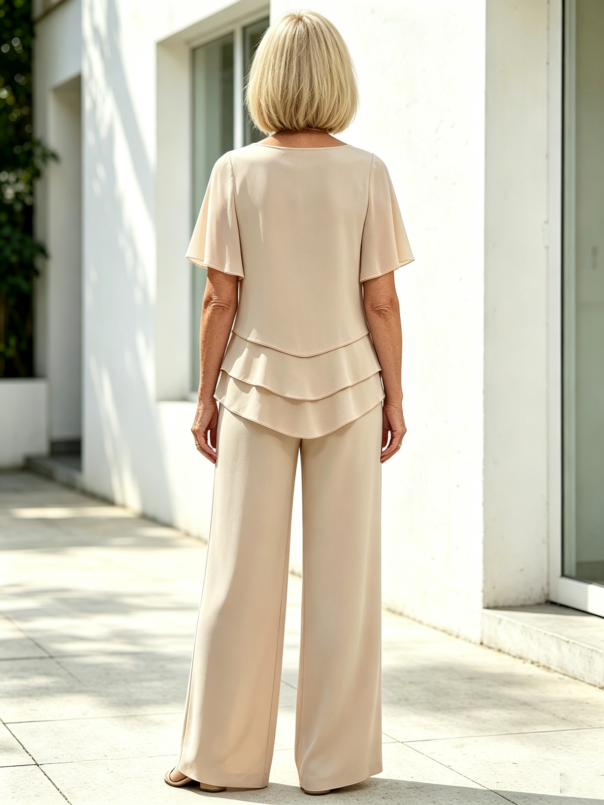 2 Piece Outfit Set, Round Neck Chiffon Flutter Short Sleeve Top, Multi-layer Ruffled Irregular Hem, High Waist Straight Wide Leg Long Trousers, Lightweight Sheer Fabric, Elegant Flowy Pant Suit for Wedding Guest and Formal Occasions