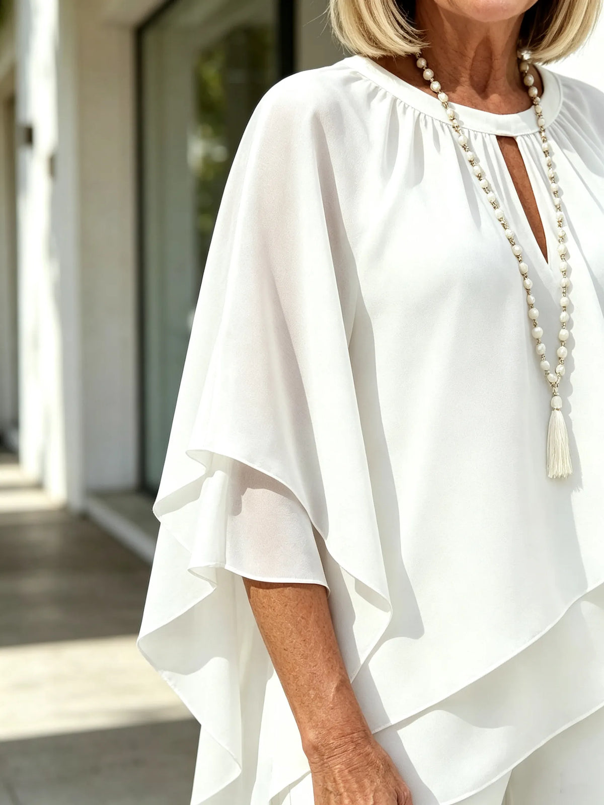 2 Piece Pant Set, Round Neck Keyhole Cutout Chiffon Cape Top, Irregular Layered Hem, Loose Flowy Batwing Sleeves, High Waist Straight Wide Leg Trousers, Lightweight Sheer Fabric, Elegant Outfit Set for Wedding Guest and Formal Occasions