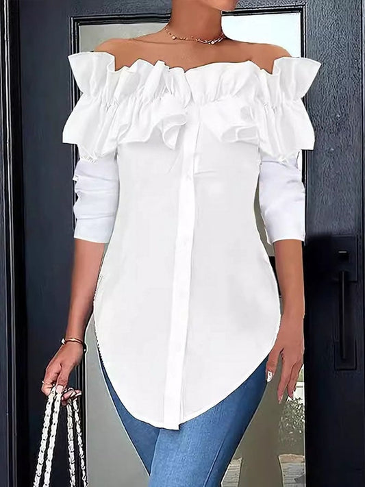 Women's Casual Solid Color Long Sleeve One Shoulder Ruffled Shirt
