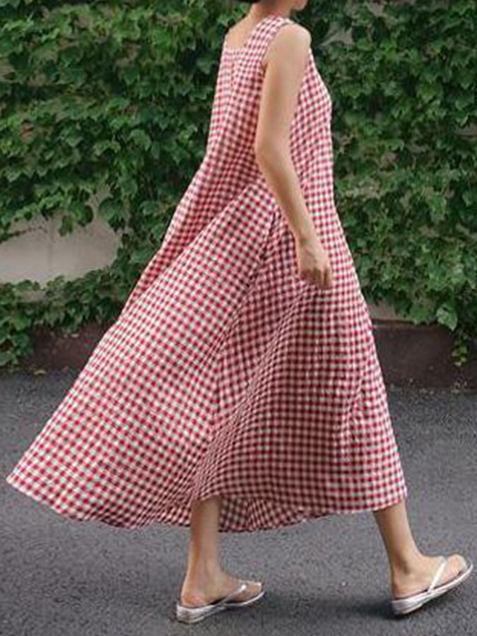 Women'S Loose Plaid Pocket Sleeveless Dress