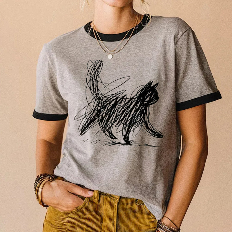 Vintage Cat Line Abstract Art T-shirt