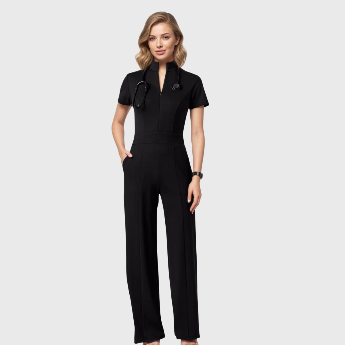 Women's Slim Fit Wide Leg Zip Neck Flex™ Scrub Jumpsuit