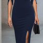 Sleek Navy Cold-Shoulder Midi Dress With Keyhole Detail