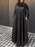 Women's Casual Solid Color Round Neck Long Sleeve Cotton and Linen Dress