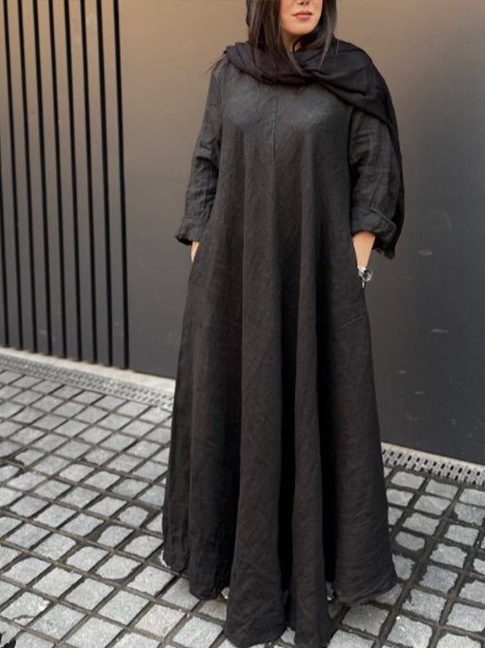 Women's Casual Solid Color Round Neck Long Sleeve Cotton and Linen Dress