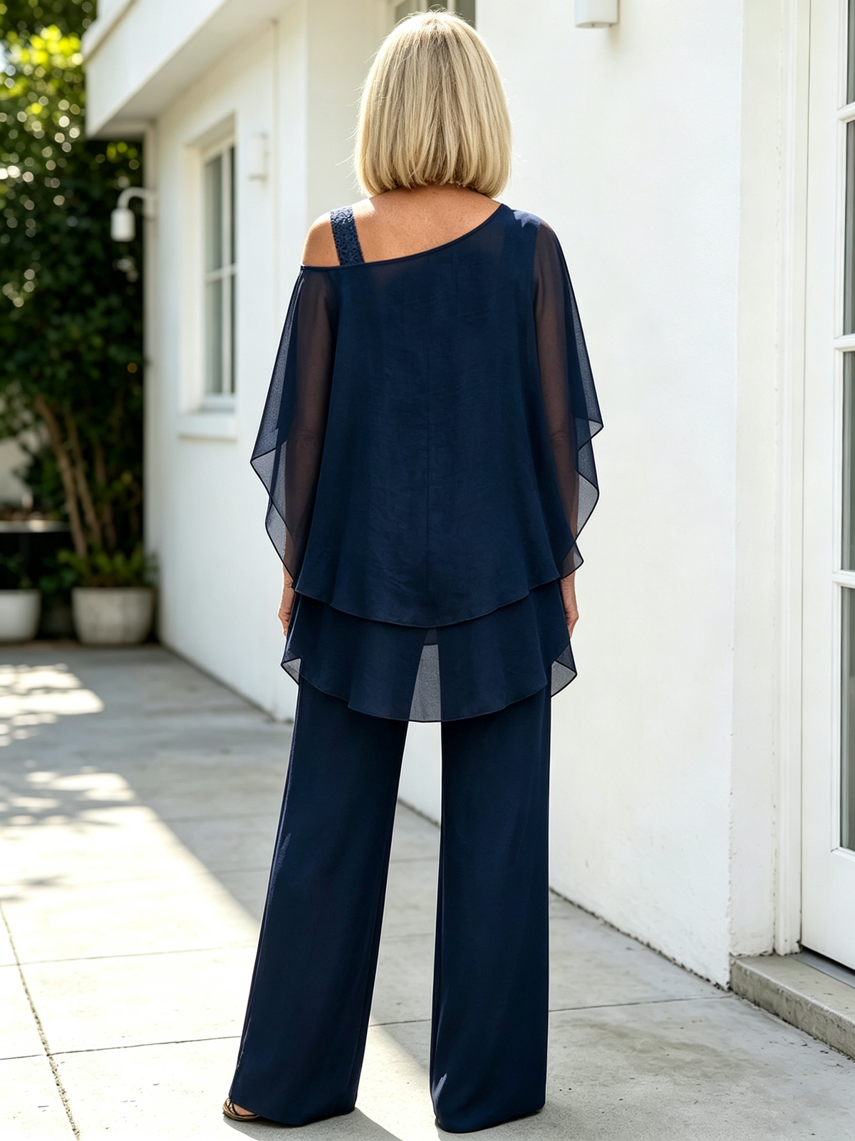 2 Piece Outfit Set, Cold Shoulder Asymmetrical Chiffon Batwing Sleeve Top, Irregular Layered Hem, High Waist Wide Leg Long Trousers, Lightweight Sheer Fabric, Elegant Flowy Pant Suit for Wedding, Banquet and Formal Events