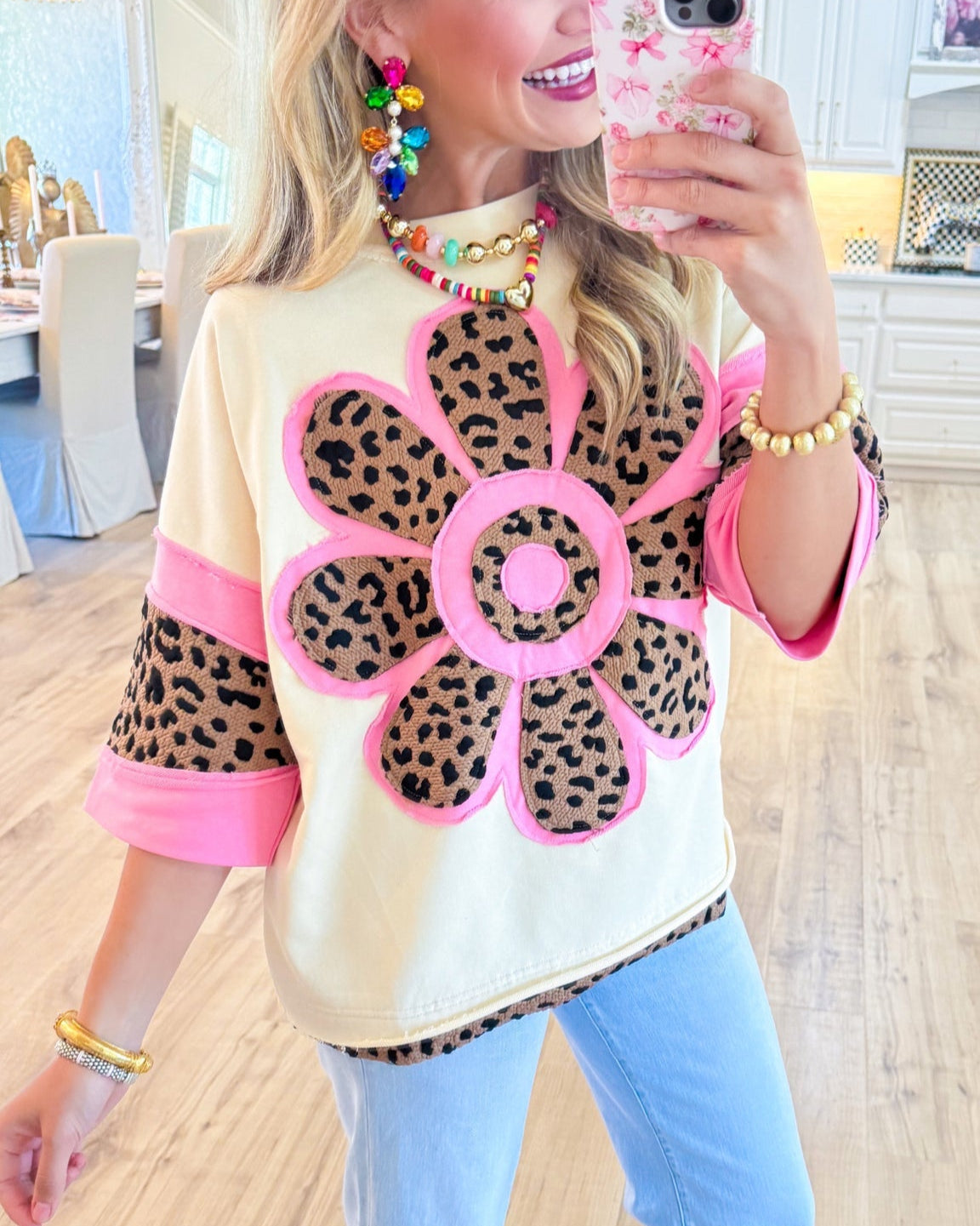Ivory and Pink Leopard Flower Top