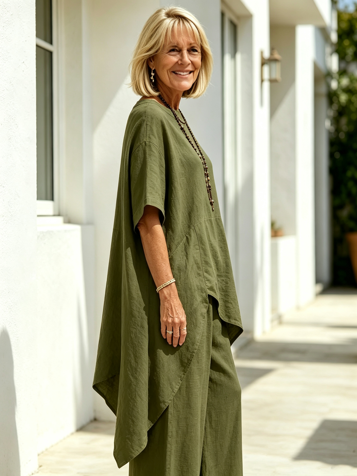 2Pcs Solid Color Cotton Linen Two-piece Outfit, Round Neck Short Sleeve Irregular Hem Tunic Top, Wide Leg Long Pants, Loose Relaxed Fit, Lightweight Breathable Fabric, Flowy Casual Coordinate Set for Daily, Holiday and Outdoor Occasions
