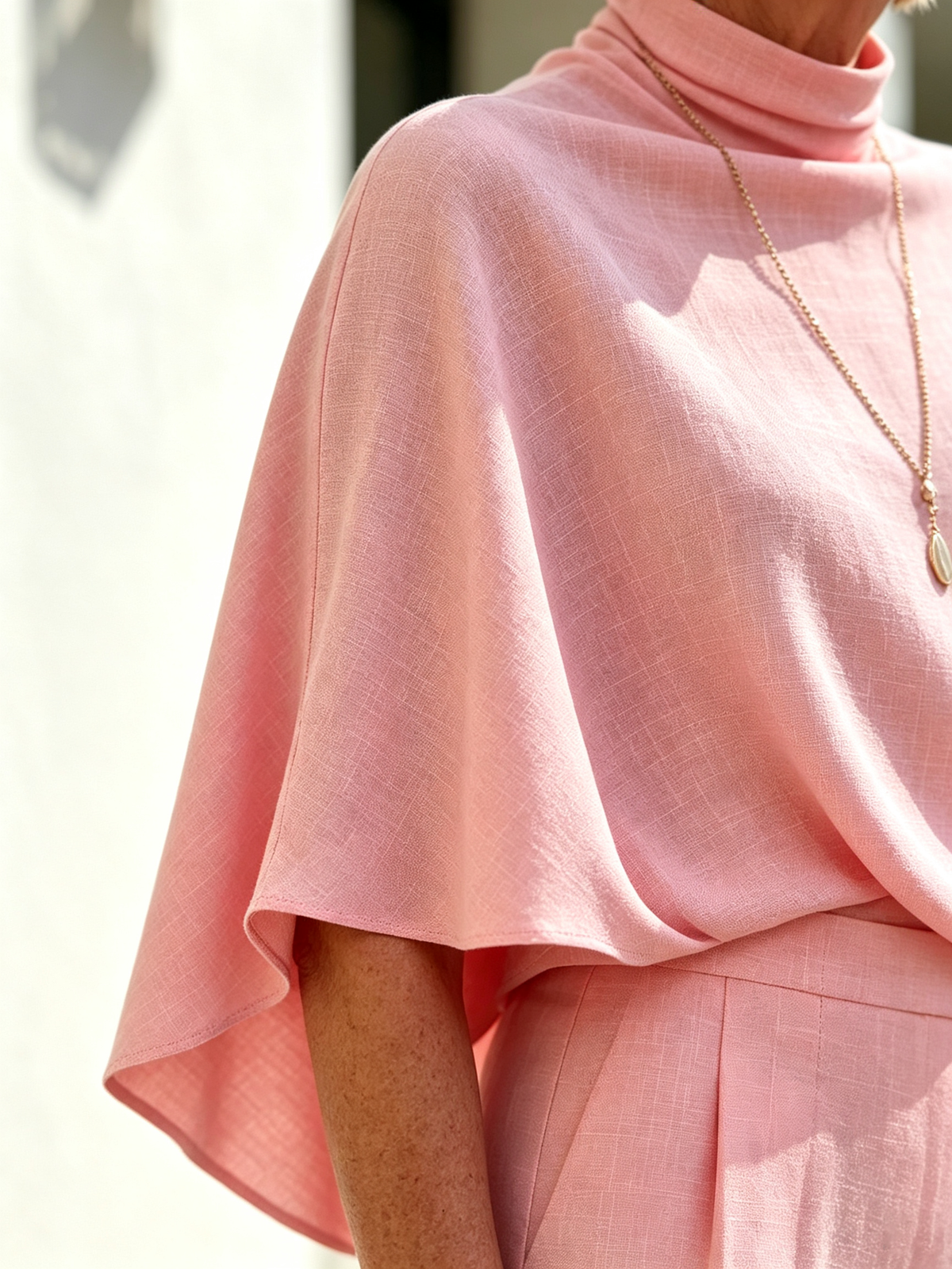 Solid Color 2 Piece Outfit Set, Semi High Mock Neck Cape Sleeve Blouse, High Waist Split Wide Leg Pants, Light Textured Woven Fabric, Relaxed Elegant Silhouette, Flowy Cape Top and Front Slit Trousers for Formal and Semi-formal Occasions