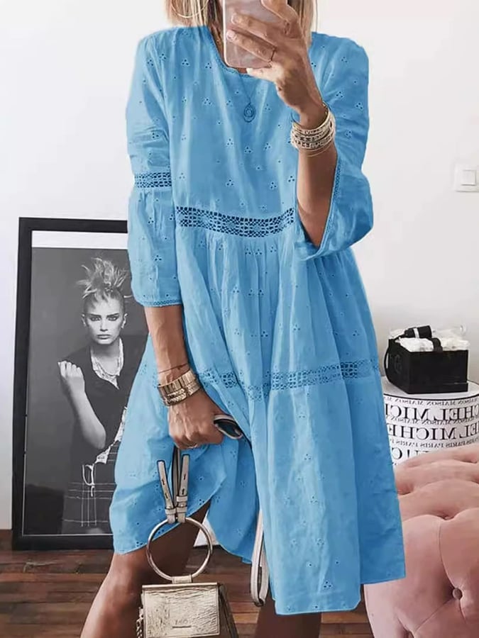 Women'S Lace Patchwork Hollow Embroidery Three-Quarter Sleeve Dress