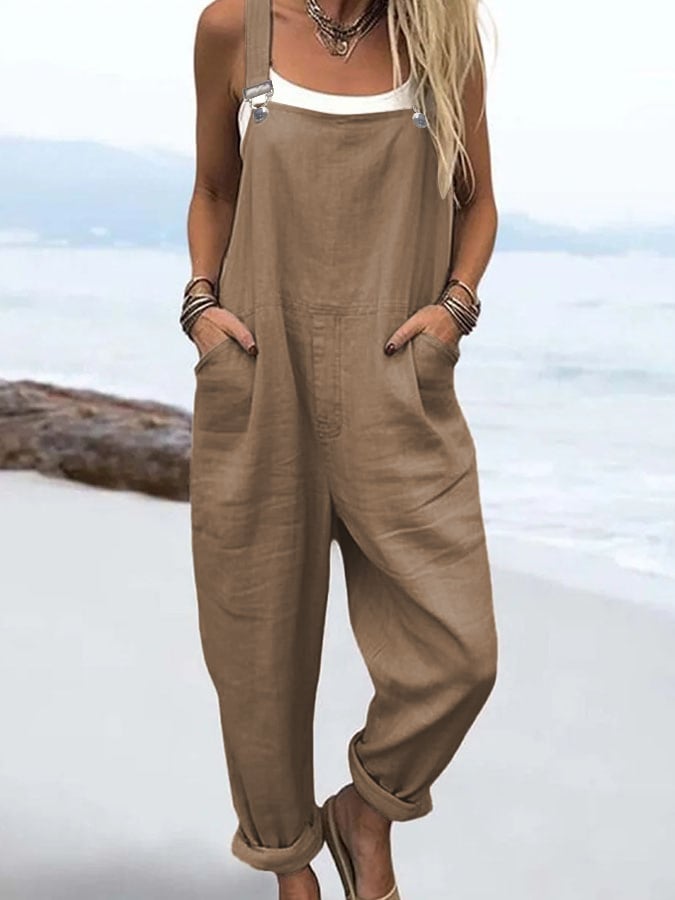 Women'S Casual Solid Color Cotton And Linen Overalls