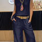 Women's Casual Solid Color Round Neck Vest Trousers Cotton and Linen Two-piece Set