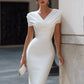 Draped V-Neck Cap Sleeve Bodycon Midi Dress
