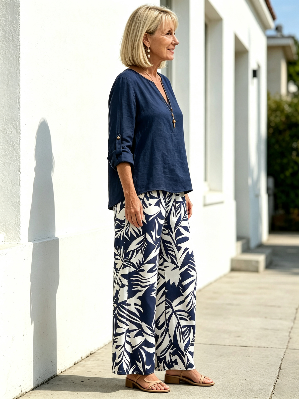 Plant-printed V-neck Vest Straight-leg Pants, Casual and Comfortable Suit
