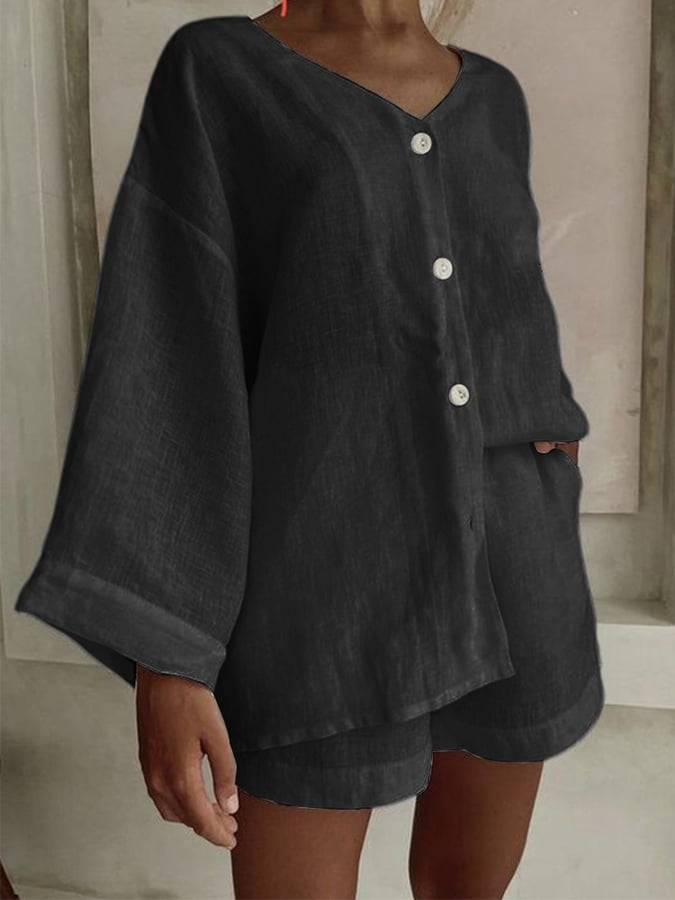 Women'S Loose V-Neck Casual Shirt Shorts Pants Set
