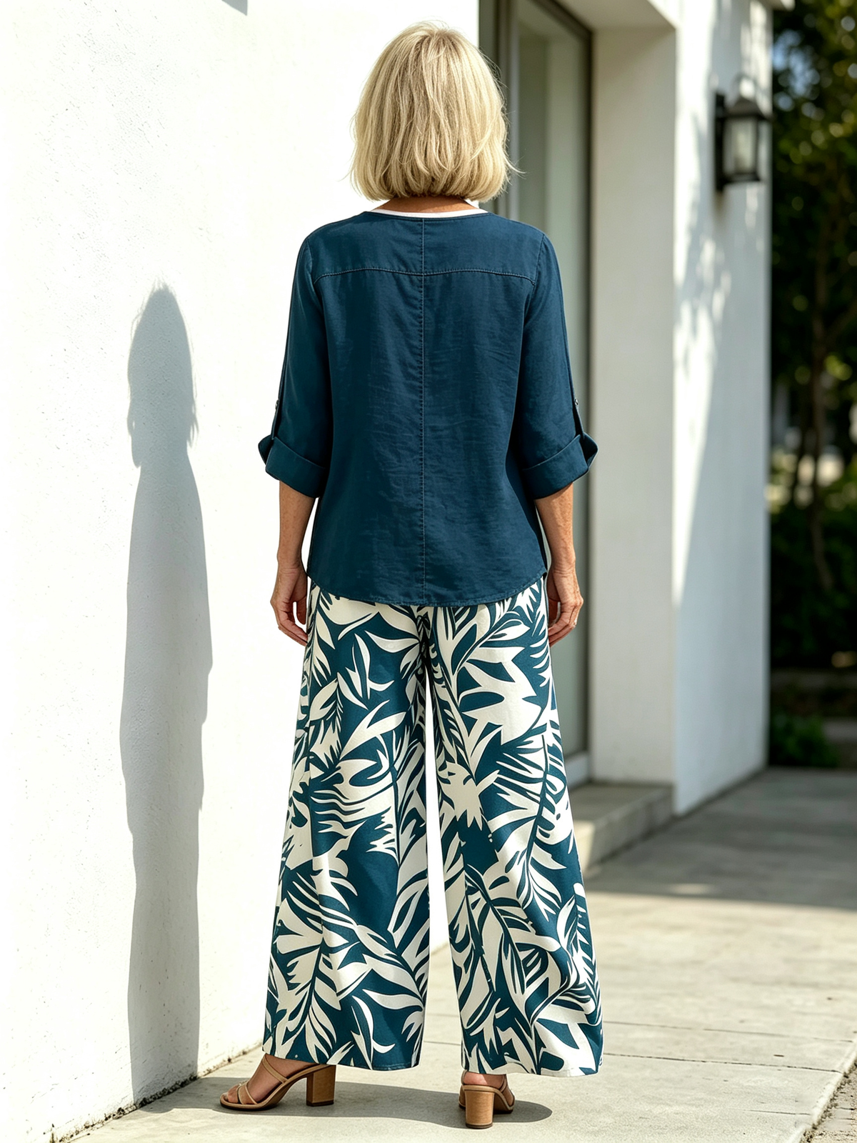 Plant-printed V-neck Vest Straight-leg Pants, Casual and Comfortable Suit
