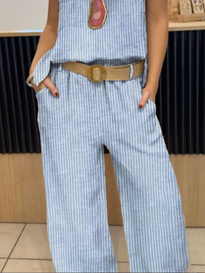 Women's Casual Striped Printed Round Neck Vest Trousers Cotton and Linen Two-piece Set