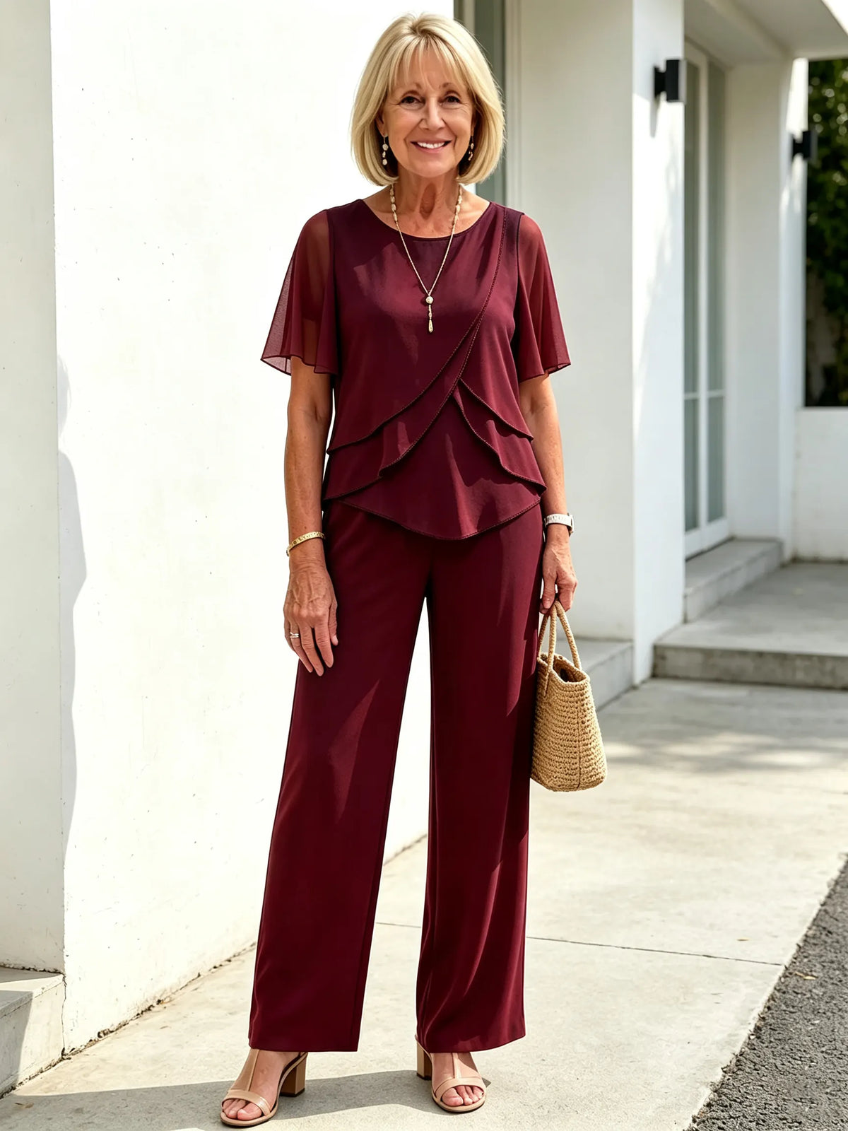 2 Piece Outfit Set, Round Neck Chiffon Flutter Short Sleeve Top, Multi-layer Ruffled Irregular Hem, High Waist Straight Wide Leg Long Trousers, Lightweight Sheer Fabric, Elegant Flowy Pant Suit for Wedding Guest and Formal Occasions
