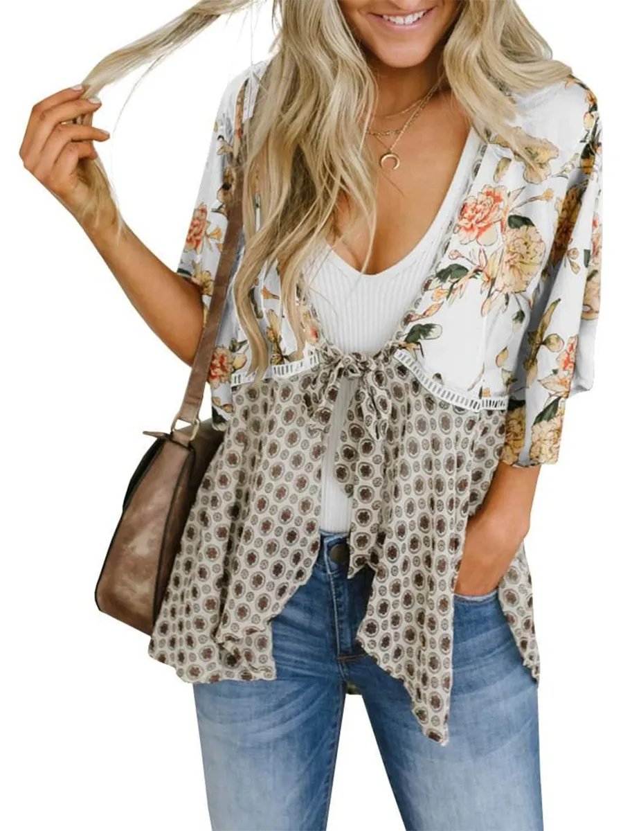 ✨Women's Floral Kimono Ruffle Sleeve Tie Cardigans Flowy Boho Loose Cover Ups