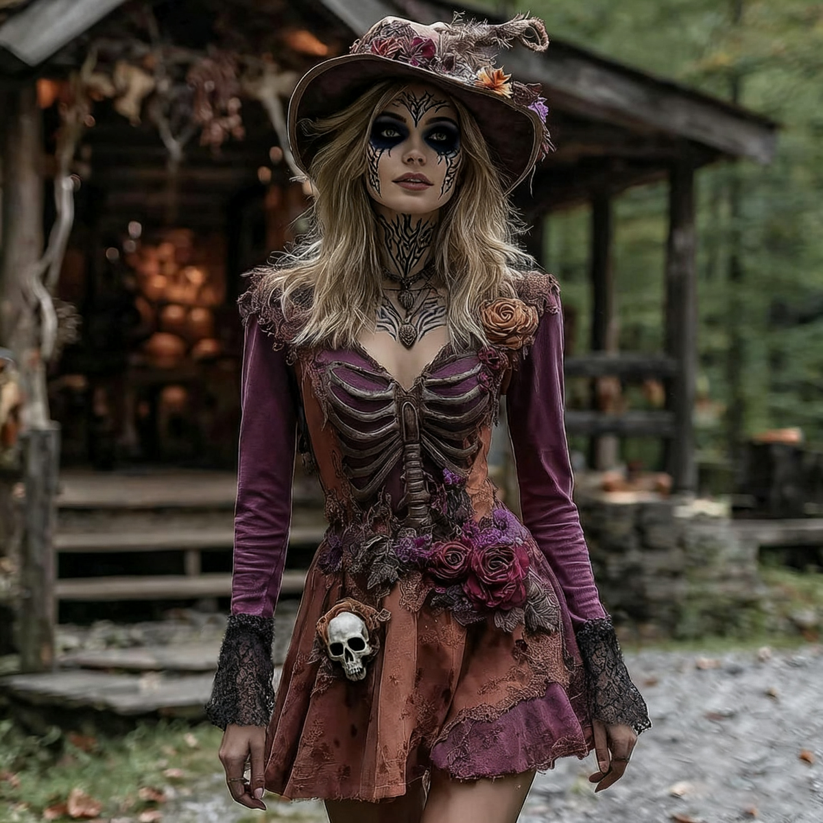 Halloween Rose Skeleton Witch Cosplay Midi Dress