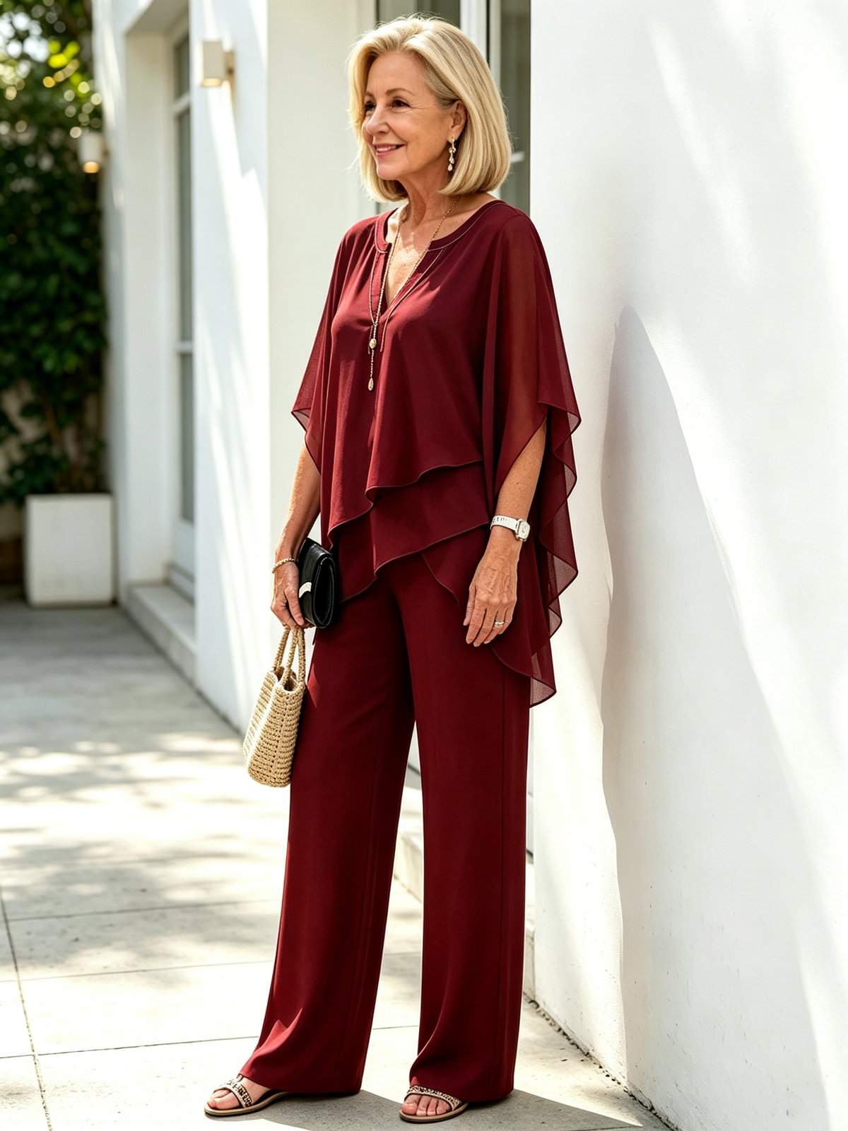 2Pcs Chiffon Bat Half-sleeve Temperament Elegant Women's Casual V-neck Two-piece Set