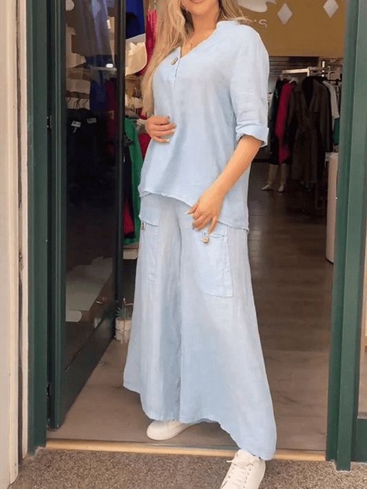 Women'S Casual Loose Fit V-Neck Button Design Pants Set