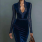 Elegant Velvet V-Neck Lace Fitted Midi Dress