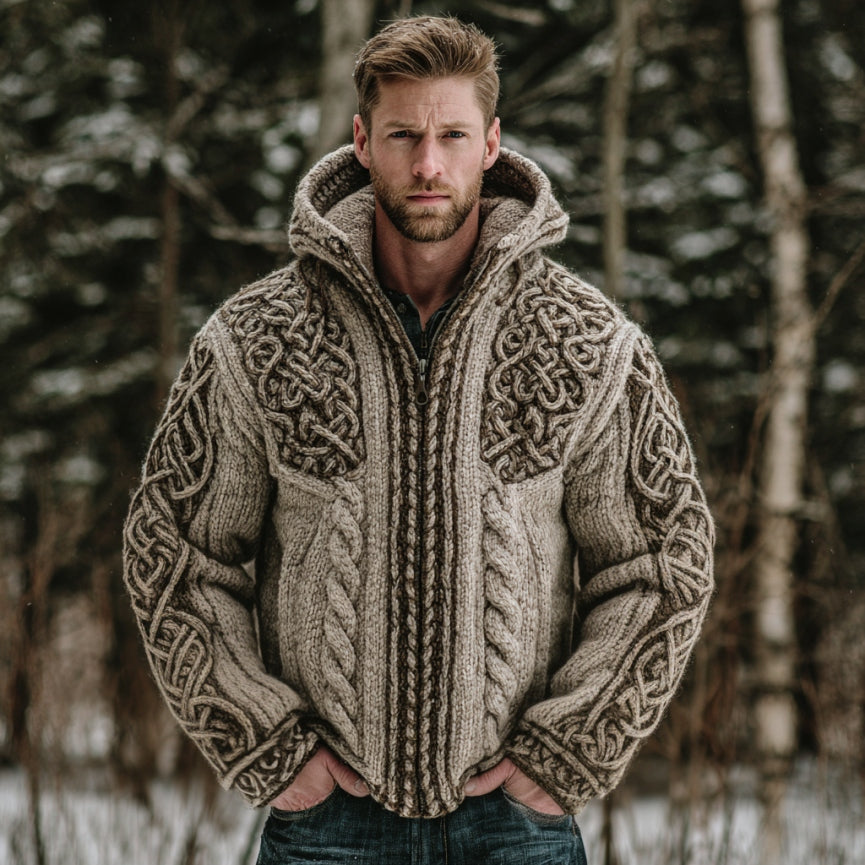 Men's Viking Celtic Knot Chunky Knit Hooded Sweater Cardigan