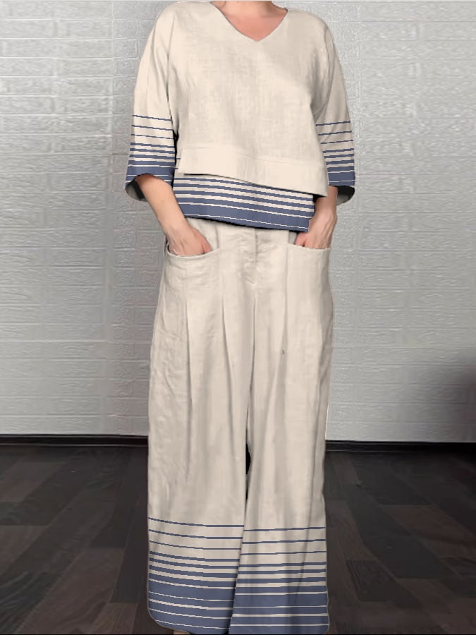 Women'S Casual Striped Irregular Cotton And Linen Suit