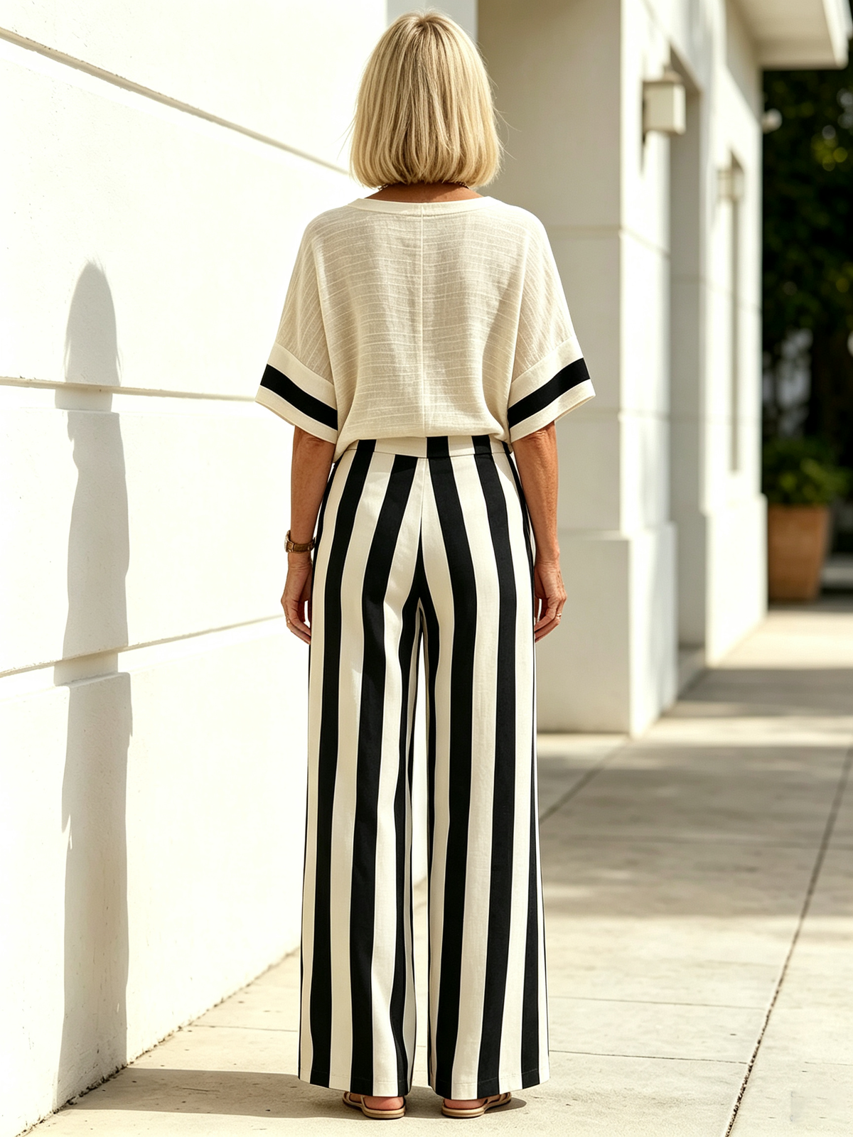 2Pcs Casual Cotton Linen Outfits Short Sleeve Loose Top with Striped Wide Leg Pants Set Summer Beach Vacation Holiday Streetwear Matching Sets