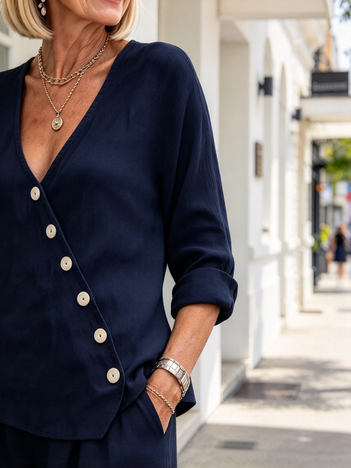 Minimalist Temperament Cotton and Linen V-neck Diagonal Button-up Shirt Wide-leg Pants Two-piece Set