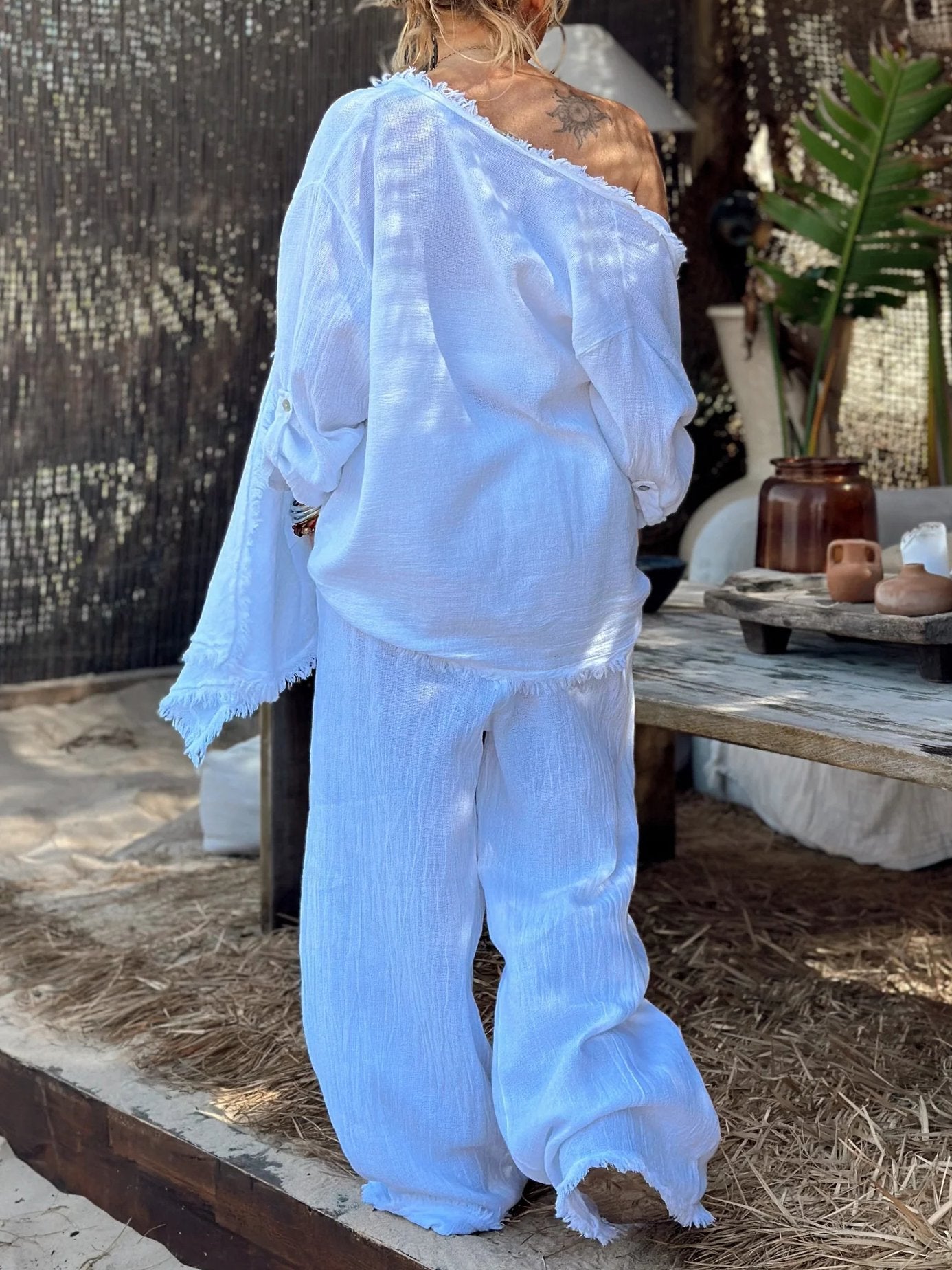 Women's solid color casual cotton and linen three-piece set