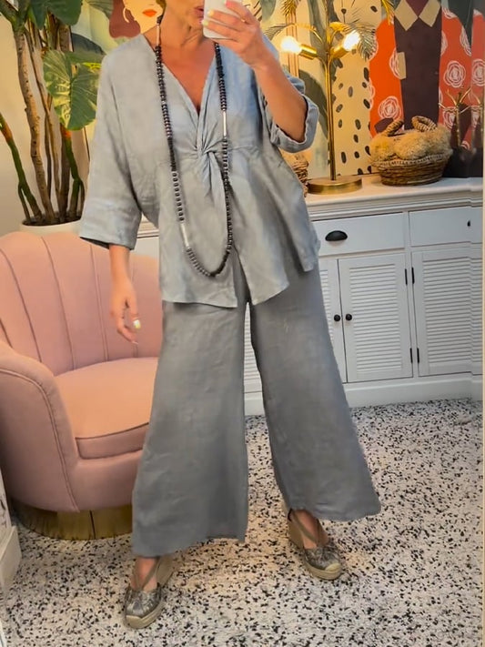 Women'S Casual V-Neck Twisted Cotton And Linen Two-Piece Suit