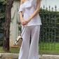 Women's Casual Solid Color One Shoulder Ruffled Top Pants Two-Piece Set