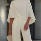 Cape-Sleeve High-Neck Blouse & Slit Wide-Leg Trousers Set