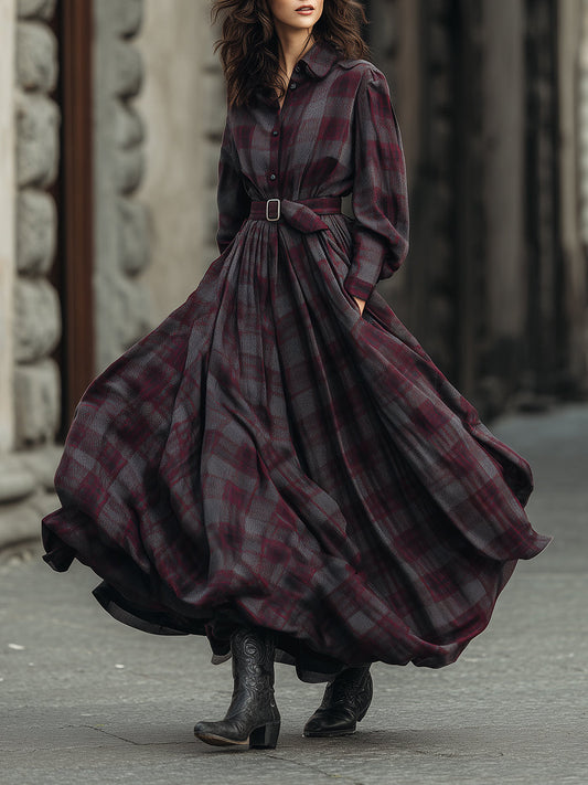 Retro Elegant Plaid Printed Lantern Sleeve Shirt Maxi Dress With Belt