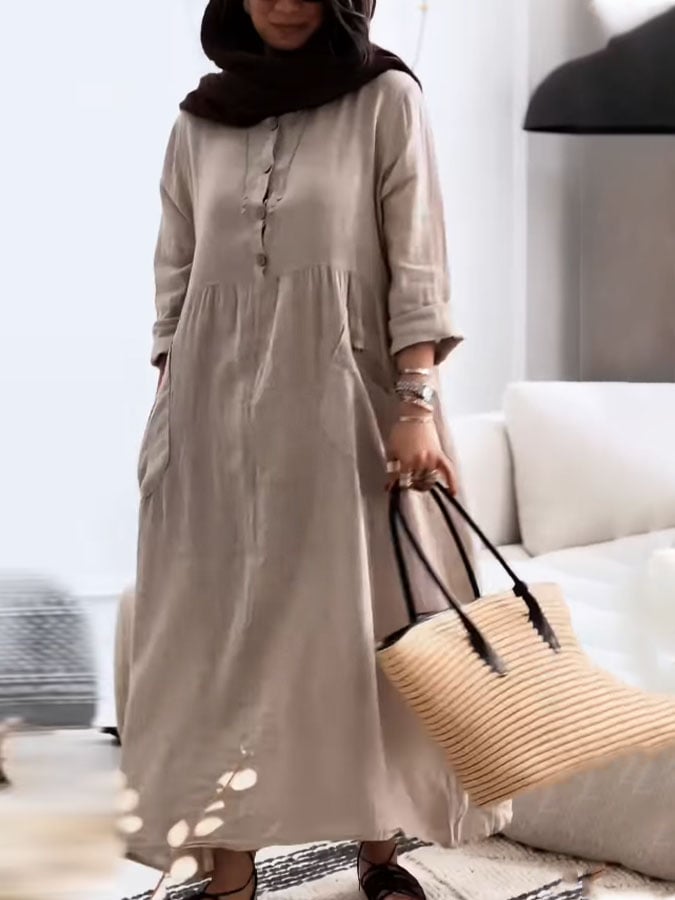 Women's Casual Solid Color Round Neck Long Sleeve Button Dress