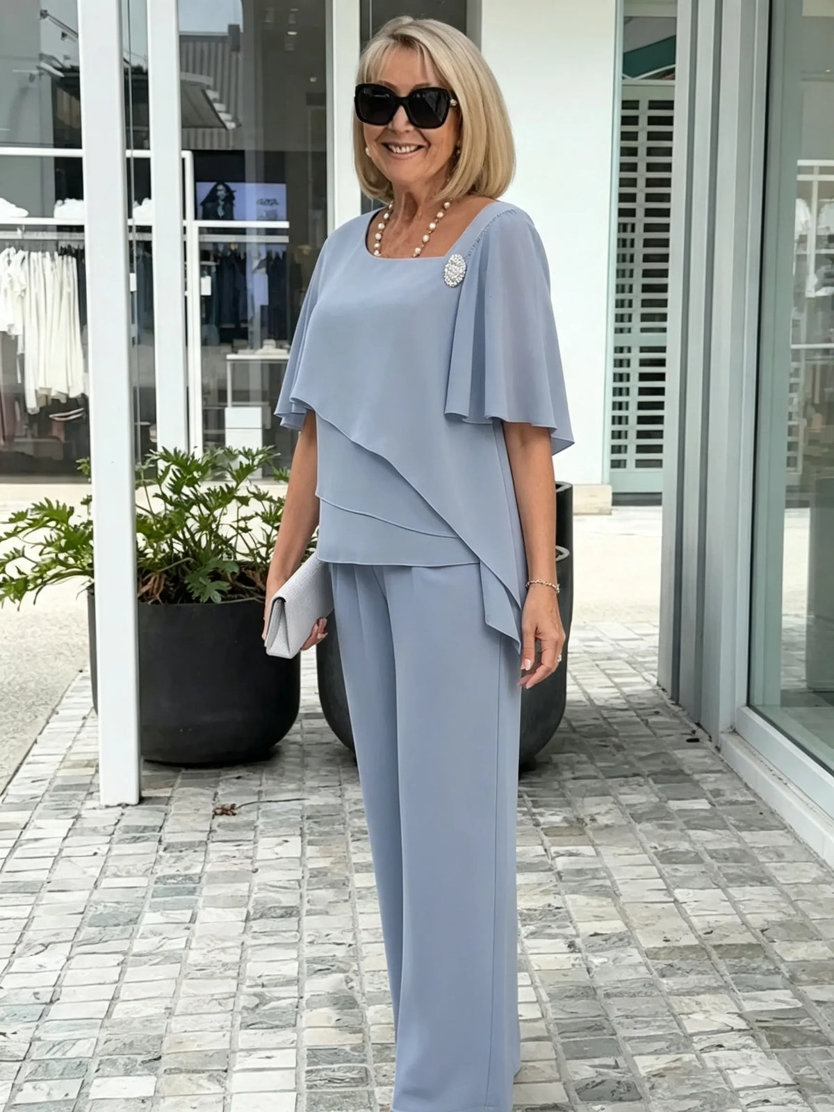 Women's 2 Piece Pants Outfit Set, Asymmetric Neck Flutter Sleeve Beaded Chiffon Top & Wide Leg Trousers, Elegant Loose Matching Two Piece Set for Wedding Guest Daily