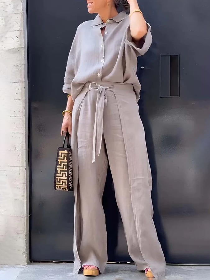 Women'S Casual Single-Breasted Shirt + Characteristic Strappy Wide-Leg Pants Suit