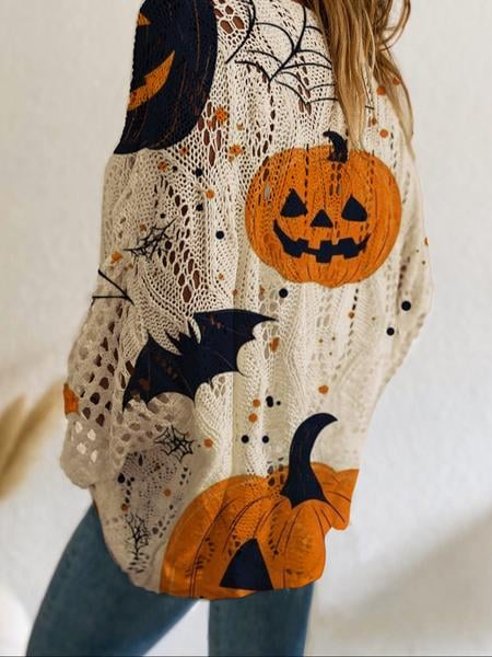 🎃Women's Halloween Pumpkin Print Long Sleeve Knit Top, Spring Summer Fall Wear