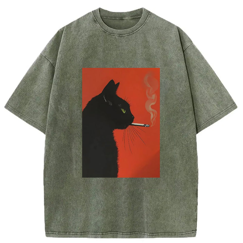 Black Cat Smoking A Cigarette Vintage Washed Unisex T-Shirt