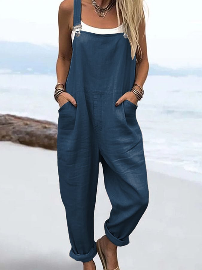 Women'S Casual Solid Color Cotton And Linen Overalls