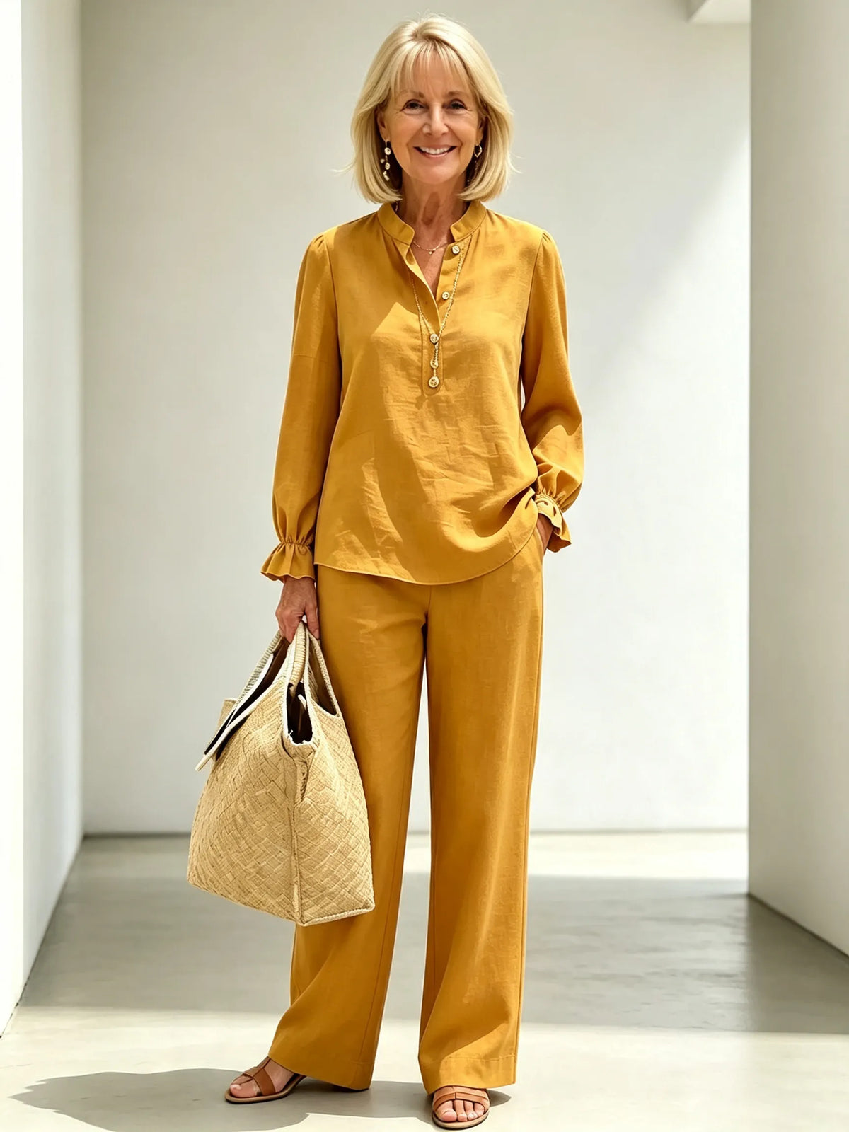 Women Solid Light Blue Two-Piece Casual Suit, Simple Mandarin Collar Half Button Front Blouse With Elastic Bubble Ruffle Cuff Long Sleeves, Matching High Waist Straight Wide Leg Long Pants, Lightweight Breathable Textured Linen Blend Temperament Commuter