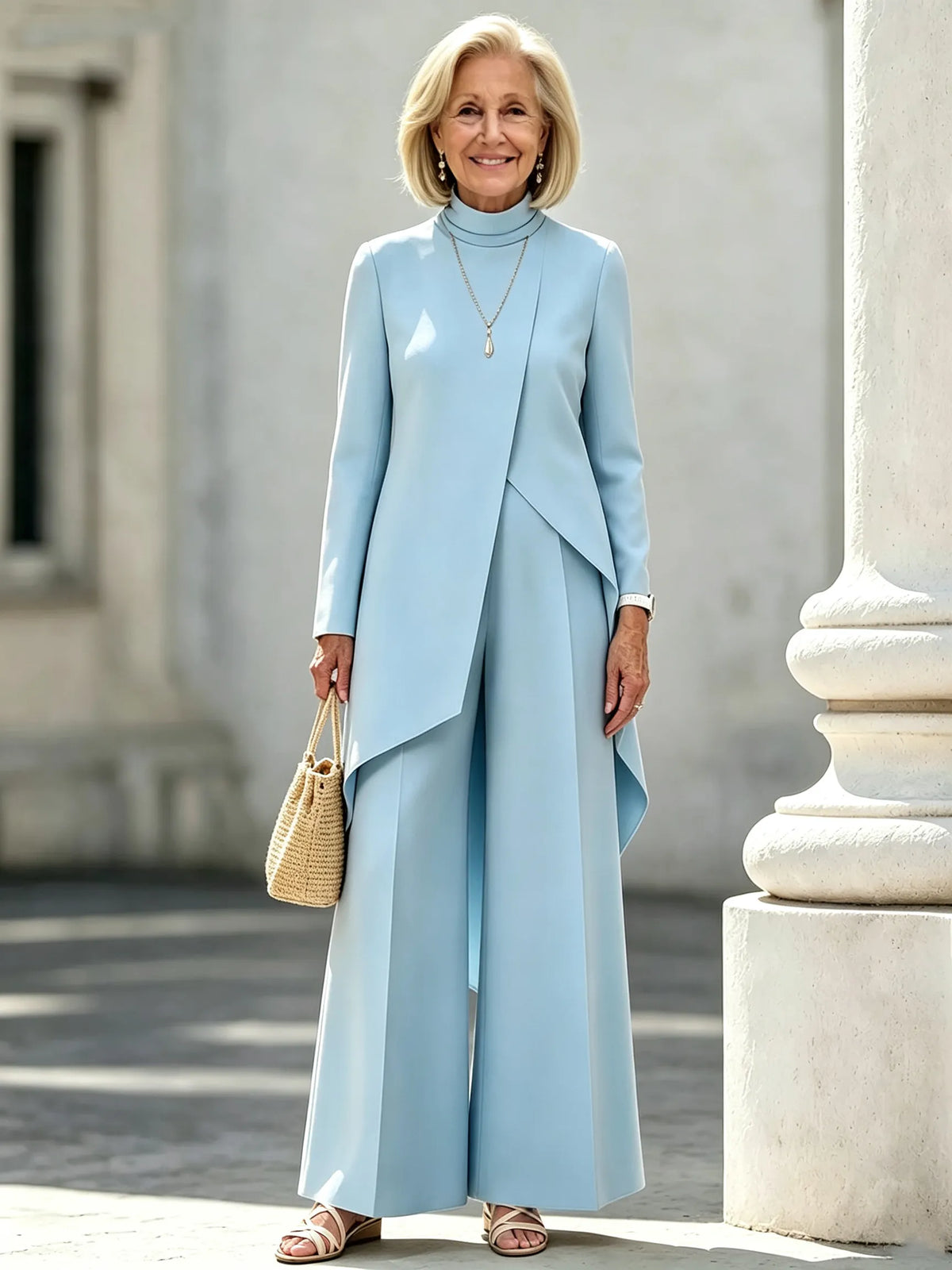 2Pcs Commuter Skinny Irregular Design, High Neck Long Sleeve Laminated Wide Leg Pants Two-piece Set