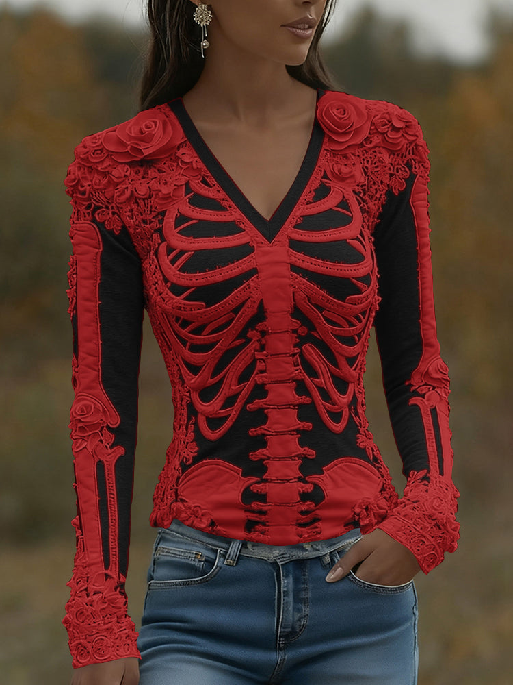 Women's Halloween Skeleton Bones With Roses Art Casual Long Sleeve V Neck T-shirt