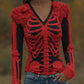 Women's Halloween Skeleton Bones With Roses Art Casual Long Sleeve V Neck T-shirt