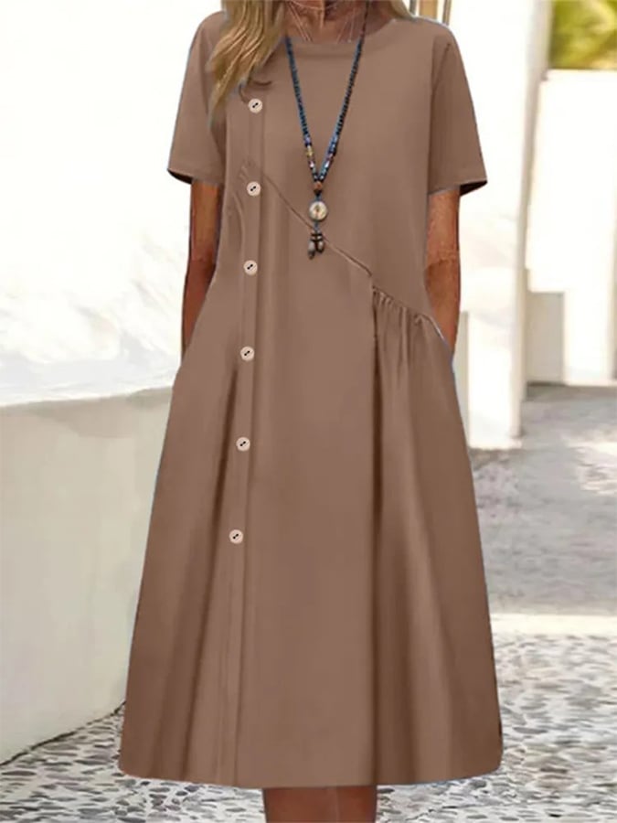 Women's Casual Button Decorated Gathered Pocket Midi Dress