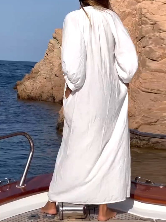 Women'S Casual Lantern Sleeve Cotton And Linen Shirt Dress